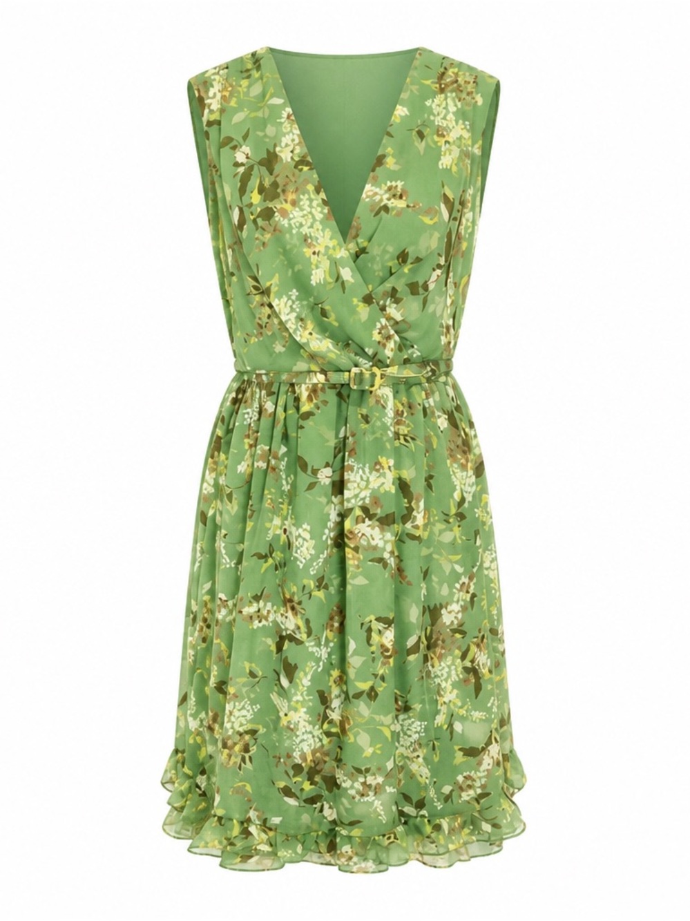 ME George Green Ruffle Sleeveless Flare A-Line Dress Size 16 ~ Floral with Belt